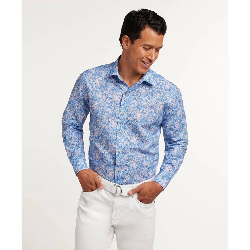NEW DAVID DONAHUE paisley linen blend sport shirt in navy/pink